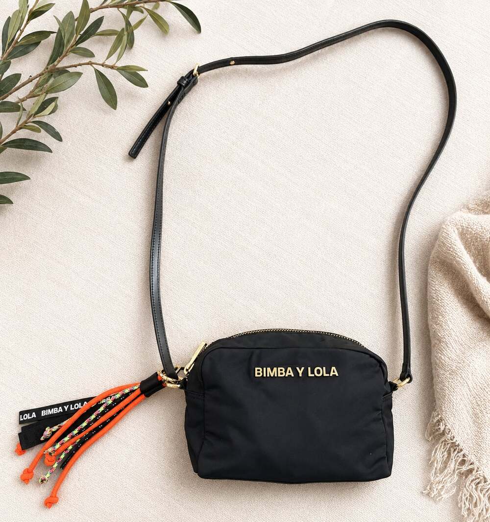 Bimba Y Lola Black Nylon Crossbody Bag Gold Logo Tassel Adjustable Strap EU